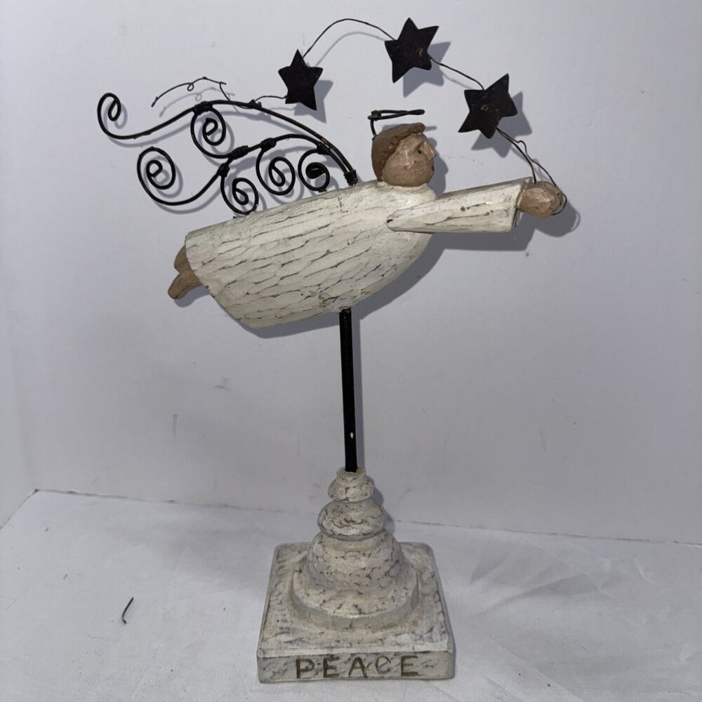 12” Rustic Primitive Wood Metal Angel On Stand Peace Folk Art Christmas Country